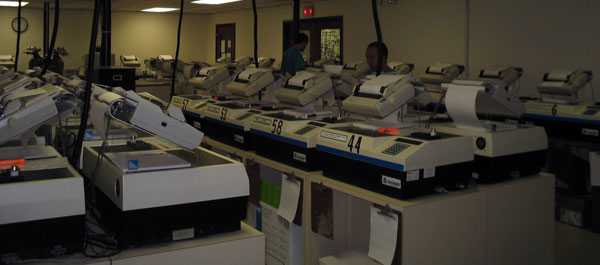 A room containing fifty-three liquid scintillation counters used in the radiometric method for radiocarbon dating